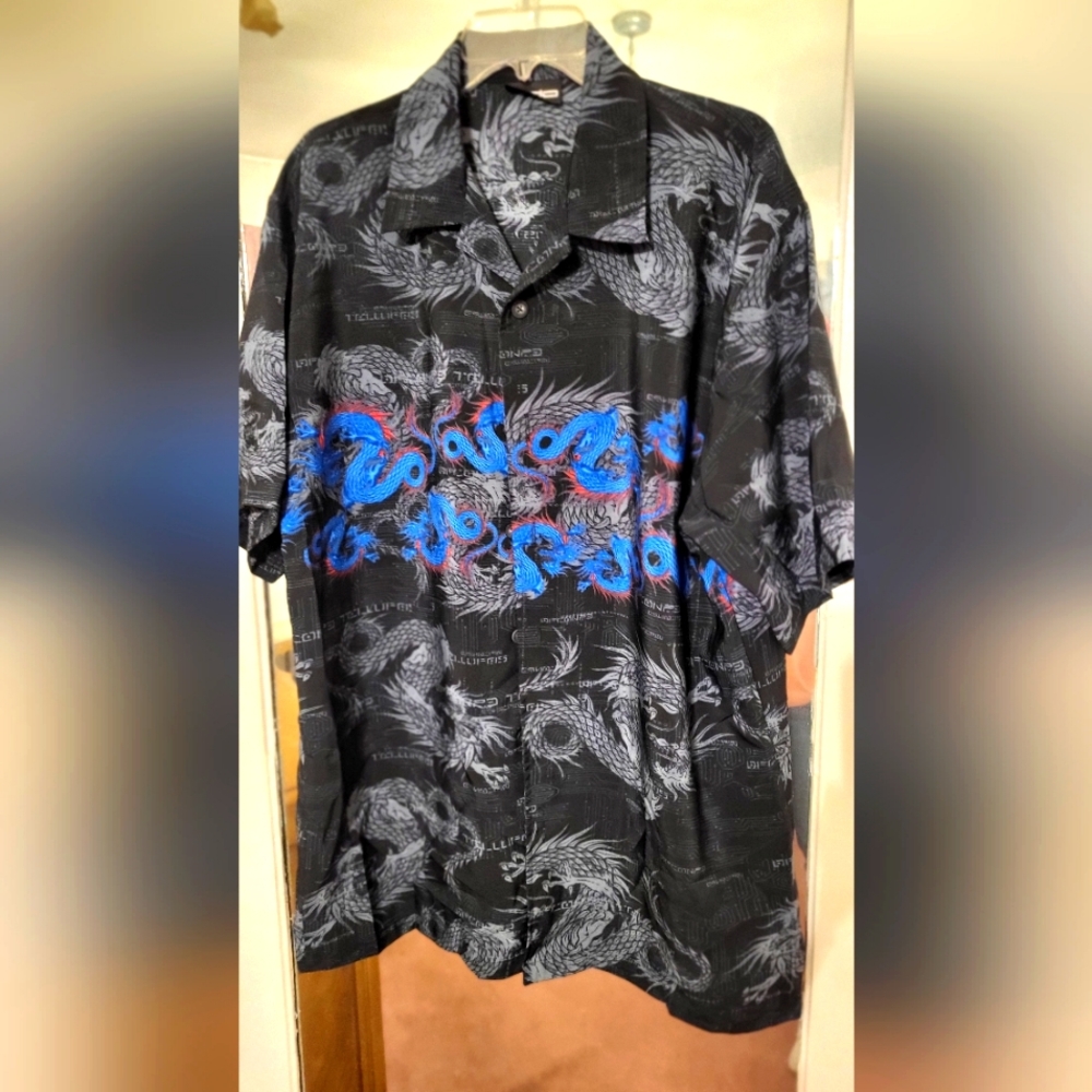 Mens button down shirt with dragon print